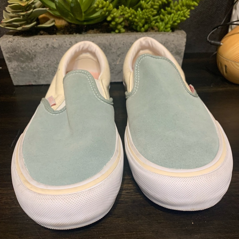 Vans Cream and Blue Athletic Shoes Slip-On Canvas